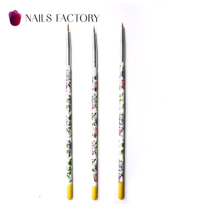 Drei Nail Art Liner Blumen Sets von Nails Factory, feine Linien und Blumenmotive für kreative Nageldesigns.