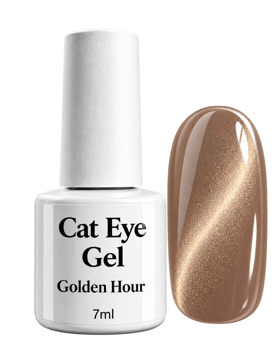 Cat Eye Gel Golden Hour von claire beauty, 7 ml, weisse Flasche mit goldbronzenem Farbmuster und Cat-Eye-Effekt