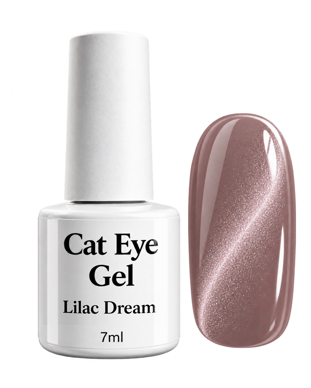 Cat Eye Gel Lilac Dream von claire beauty, 7 ml, weisse Flasche mit mauveroséfarbenem Farbmuster und Cat-Eye-Effekt