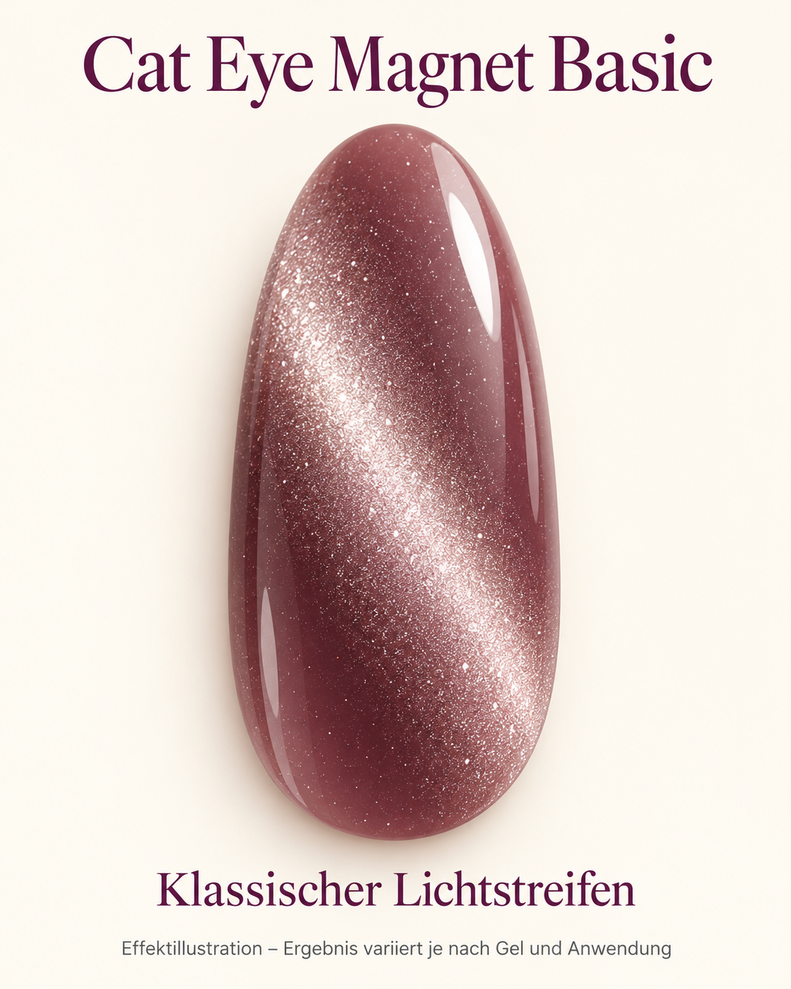 Effektillustration: roséfarbener Nageltip mit diagonalem Cat Eye Lichtstreifen