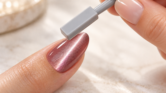 Illustration: grauer Cat Eye Magnet über einem mauvefarbenen Gelnagel mit Lichtstreifen