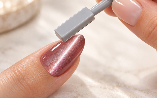 Illustration: grauer Cat Eye Magnet über einem mauvefarbenen Gelnagel mit Lichtstreifen