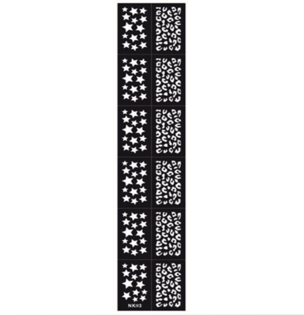 12x Nail Art Schablone NK03 - Muster Sterne/Leopard