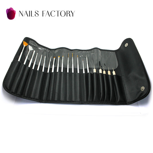 15-teiliges Nail Art Pinsel Set von Nails Factory mit weißen Pinseln und 5er Dotting Pen Holz für kreative Nageldesigns