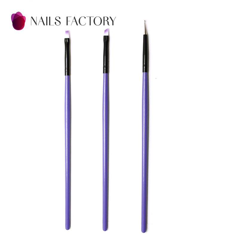 Drei Nagelpinsel-Set von Nails Factory in lila für Gel- und Dotting-Techniken, mit feinen Pinselspitzen für präzises Arbeiten.