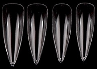 Klarer Box mit 500 langen Nagel-Spitzformen von Nails Factory, ideal für Nagelkunst und Verlängerungen.