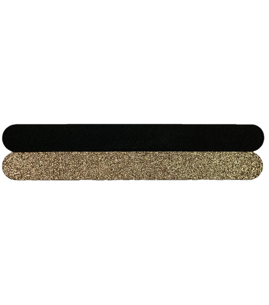 Profi Nagelfeile gerade in Schwarz und Gold Glitter, 180 Körnung, Nails Factory, für Nagelpflege und Modelagen