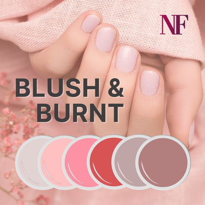 Blush und Burnt Farbgel-Set für Herbst 2024 von Nails Factory, quadratische Verpackung mit verschiedenen Farbgel-Tönen