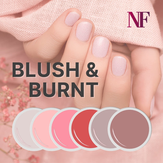 Blush und Burnt Farbgel-Set für Herbst 2024 von Nails Factory, quadratische Verpackung mit verschiedenen Farbgel-Tönen