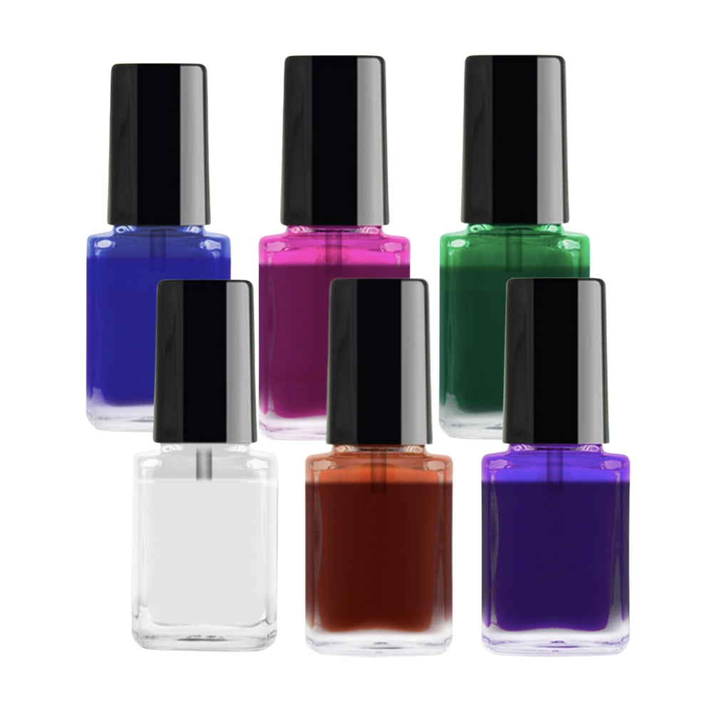 Claire Beauty Nailart Farb-Ink-Set mit bunten Tinten in Flaschen für kreative Nageldesigns, auf weißem Hintergrund.