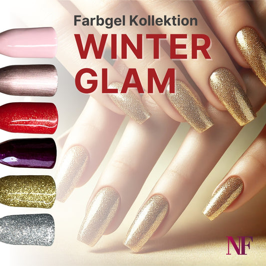 Winter Glam Farbgel-Set von Nails Factory mit quadratischem Farbgelen in festlichen Winterfarben für Nageldesigns.