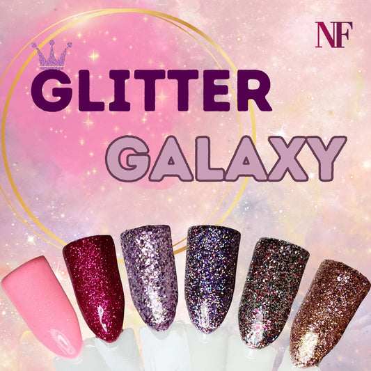 Glitter Galaxy Farbgel Set Sommer 2025 von Nails Factory mit funkelnden Nagelgelen in verschiedenen Farben sichtbar