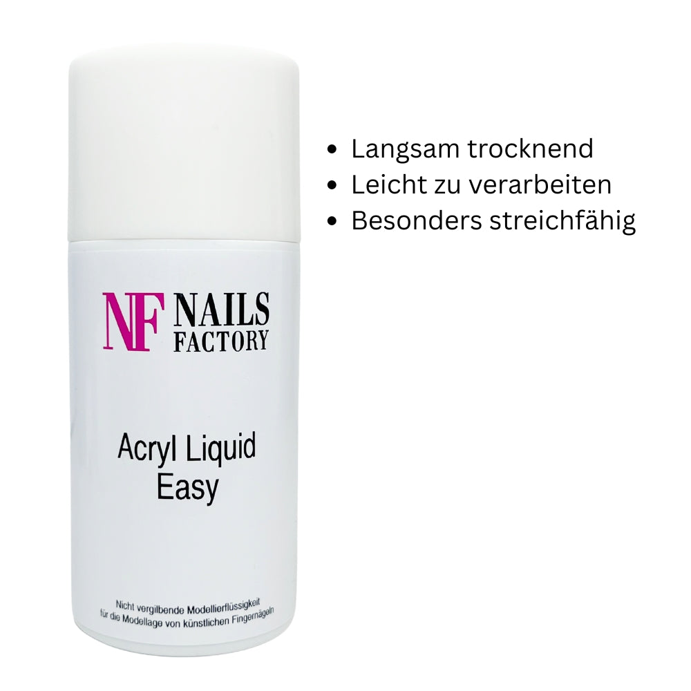 Acryl Liquid Easy von Nails Factory in einer Flasche, für professionelles Acryl-Nageldesign, mit klarer Beschriftung.