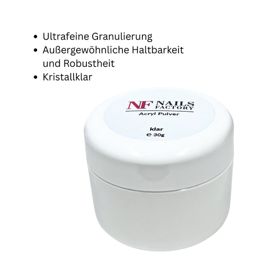 Klarer Acryl Puder von Nails Factory, feines transparentes Acrylpulver für Nagelkunst und Modellage, feuchtigkeitsbeständig