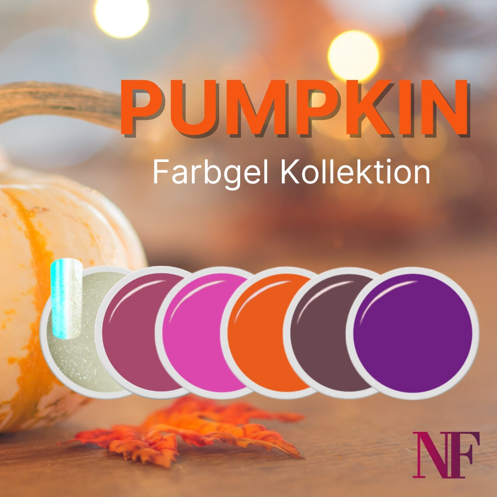 Pumpkin Farbgel-Kollektion Herbst 2024 von Nails Factory, Set mit verschiedenen orange- und pumpkinfarbenen Farbgelen für Nageldesigns.