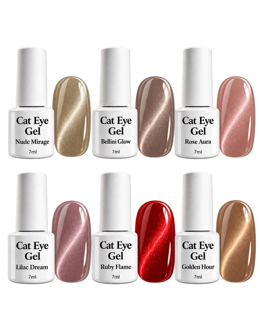 Cat Eye Collection Set von claire beauty mit allen sechs Farben: Nude Mirage, Bellini Glow, Rose Aura, Lilac Dream, Ruby Flame und Golden Hour, je 7 ml