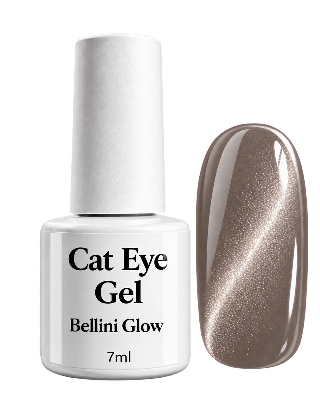 Cat Eye Gel Bellini Glow von claire beauty, 7 ml, weisse Flasche mit taupefarbenem Farbmuster, Rosé-Schimmer und Cat-Eye-Effekt