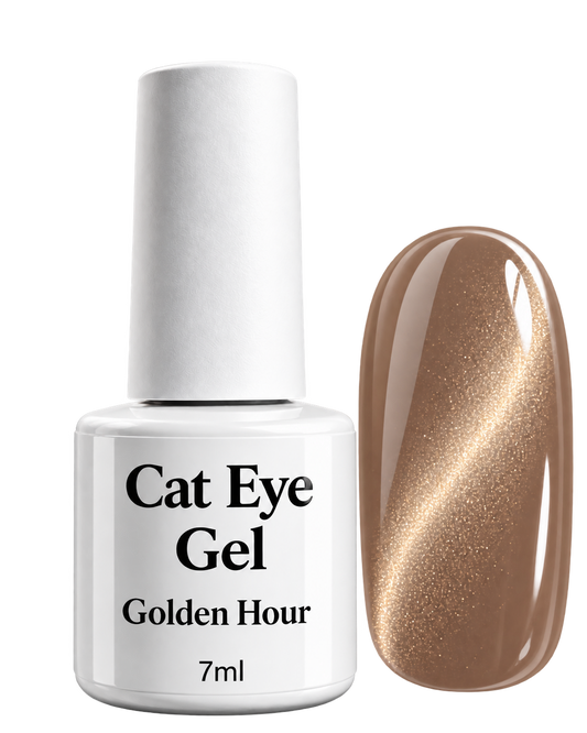 Cat Eye Gel Golden Hour von claire beauty, 7 ml, weisse Flasche mit goldbronzenem Farbmuster und Cat-Eye-Effekt
