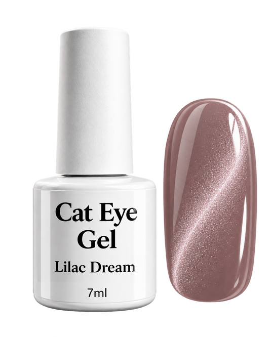 Cat Eye Gel Lilac Dream von claire beauty, 7 ml, weisse Flasche mit mauveroséfarbenem Farbmuster und Cat-Eye-Effekt