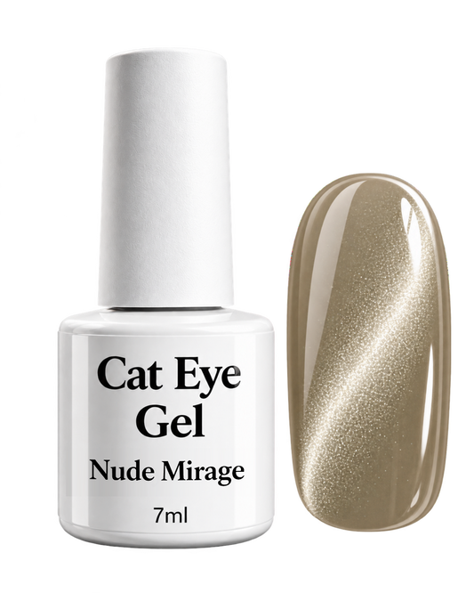 Cat Eye Gel Nude Mirage von claire beauty, 7 ml, weisse Flasche mit beigem Cashmere-Farbmuster und Cat-Eye-Effekt