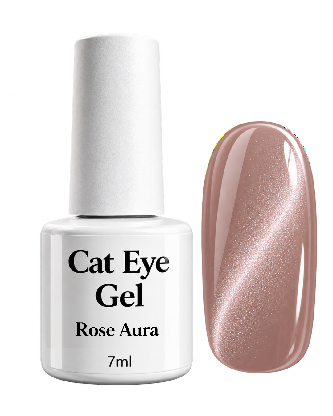 Cat Eye Gel Rose Aura von claire beauty, 7 ml, weisse Flasche mit roséfarbenem Farbmuster und Cat-Eye-Effekt