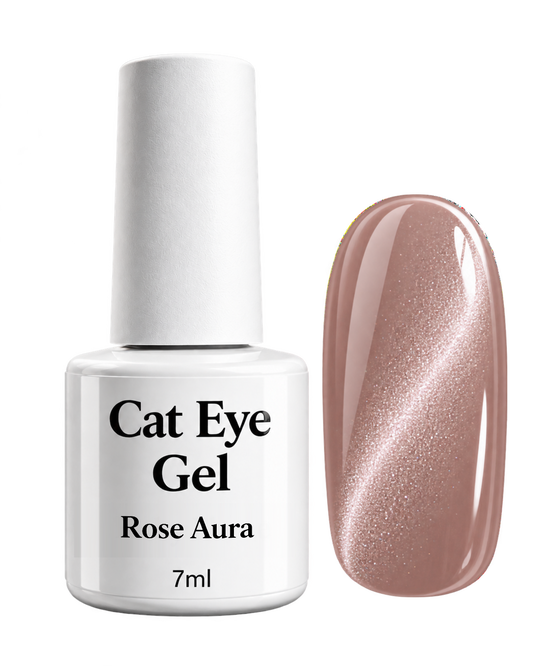 Cat Eye Gel Rose Aura von claire beauty, 7 ml, weisse Flasche mit roséfarbenem Farbmuster und Cat-Eye-Effekt
