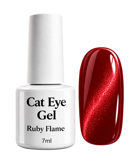Cat Eye Gel Ruby Flame von claire beauty, 7 ml, weisse Flasche mit rotem Farbmuster und Cat-Eye-Effekt