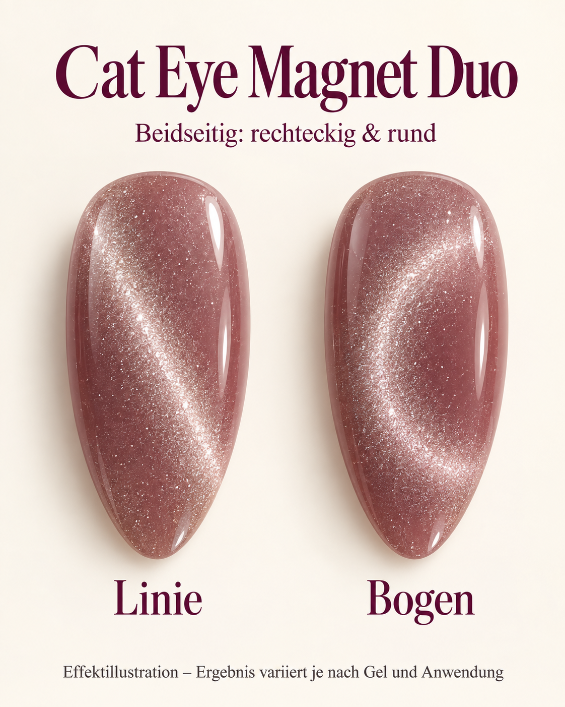 Effektillustration für Cat Eye Magnet Duo: Nageltips mit Lichtstreifen und weichem Bogen