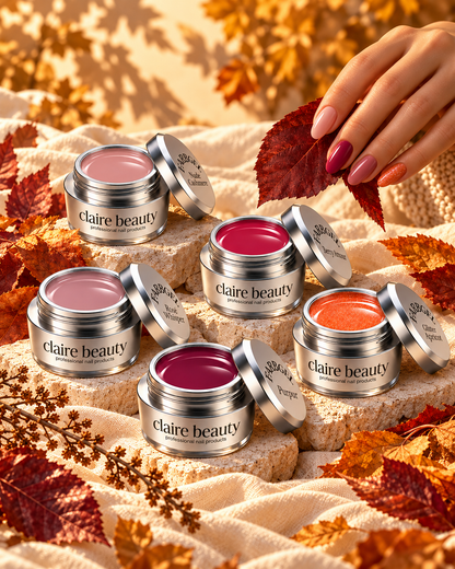 Fünf Herbstfarben von claire beauty mit Herbstlaub und Naildesigns, Golden Autumn Set