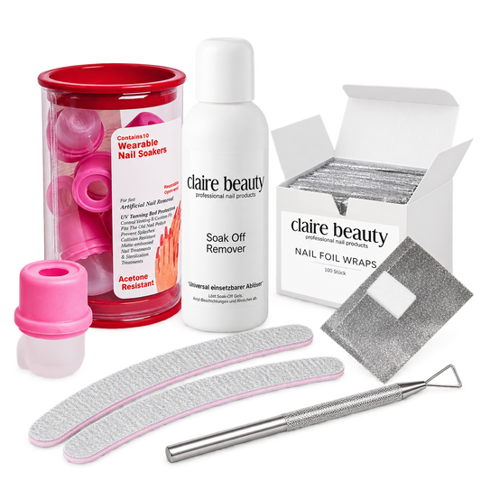 claire beauty Shellac Remover Set mit acetonfreiem 100-ml-Remover, 100 Wraps, zehn Caps, zwei Feilen und Edelstahl-Tool