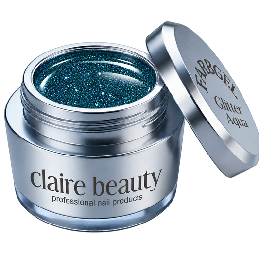 claire beauty Farbgel Glitter Aqua im offenen Tiegel