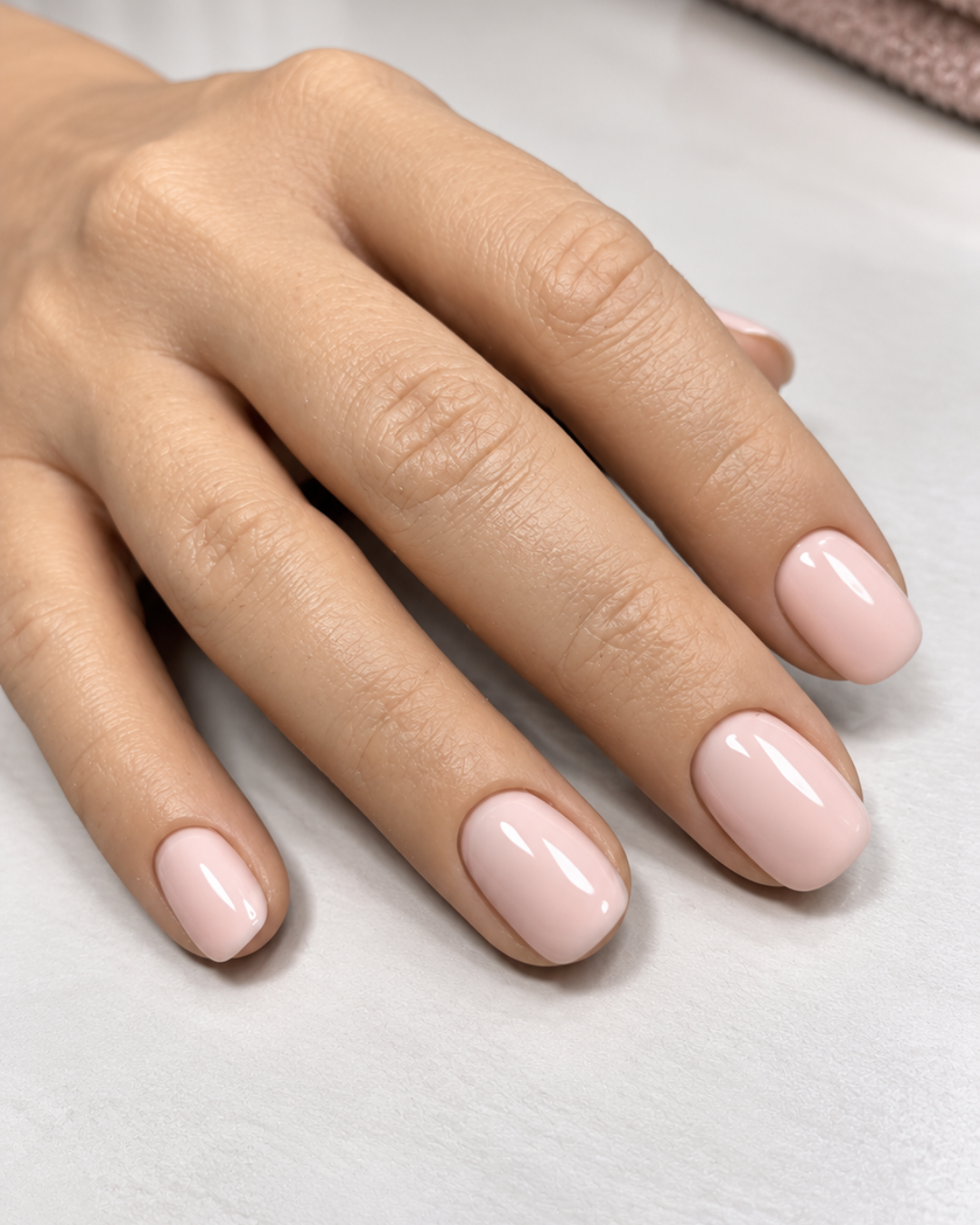 Fiberglas Camouflage Gel Warm Peach auf modellierten Nägeln