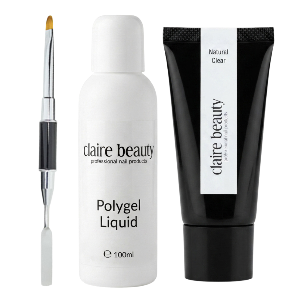 claire beauty Polygel Set mit Clear in der 30-g-Tube, Polygel Liquid 100 ml und doppelseitigem Pinsel mit Spatel