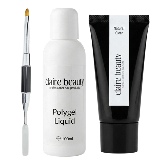 claire beauty Polygel Set mit Clear in der 30-g-Tube, Polygel Liquid 100 ml und doppelseitigem Pinsel mit Spatel