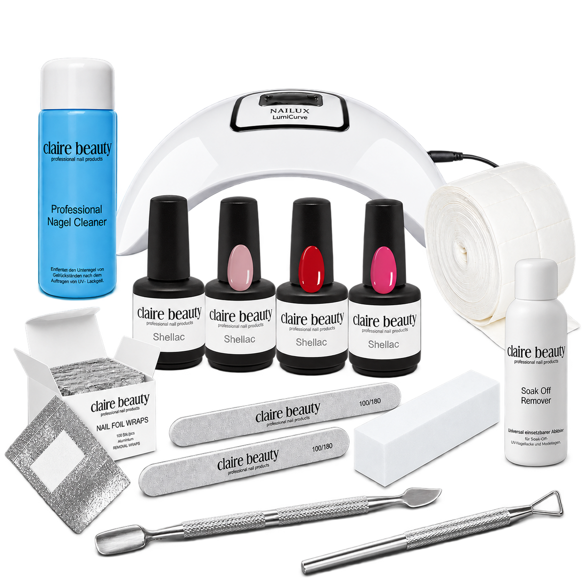 Shellac Starter Set Komplett mit LumiCurve, Natural Rose, Red, Pink, Base & Top, Cleaner, Remover, 100 Wraps und Werkzeugen