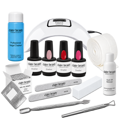 Shellac Starter Set Komplett mit LumiCurve, Natural Rose, Red, Pink, Base & Top, Cleaner, Remover, 100 Wraps und Werkzeugen
