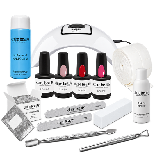 Shellac Starter Set Komplett mit LumiCurve, Natural Rose, Red, Pink, Base & Top, Cleaner, Remover, 100 Wraps und Werkzeugen