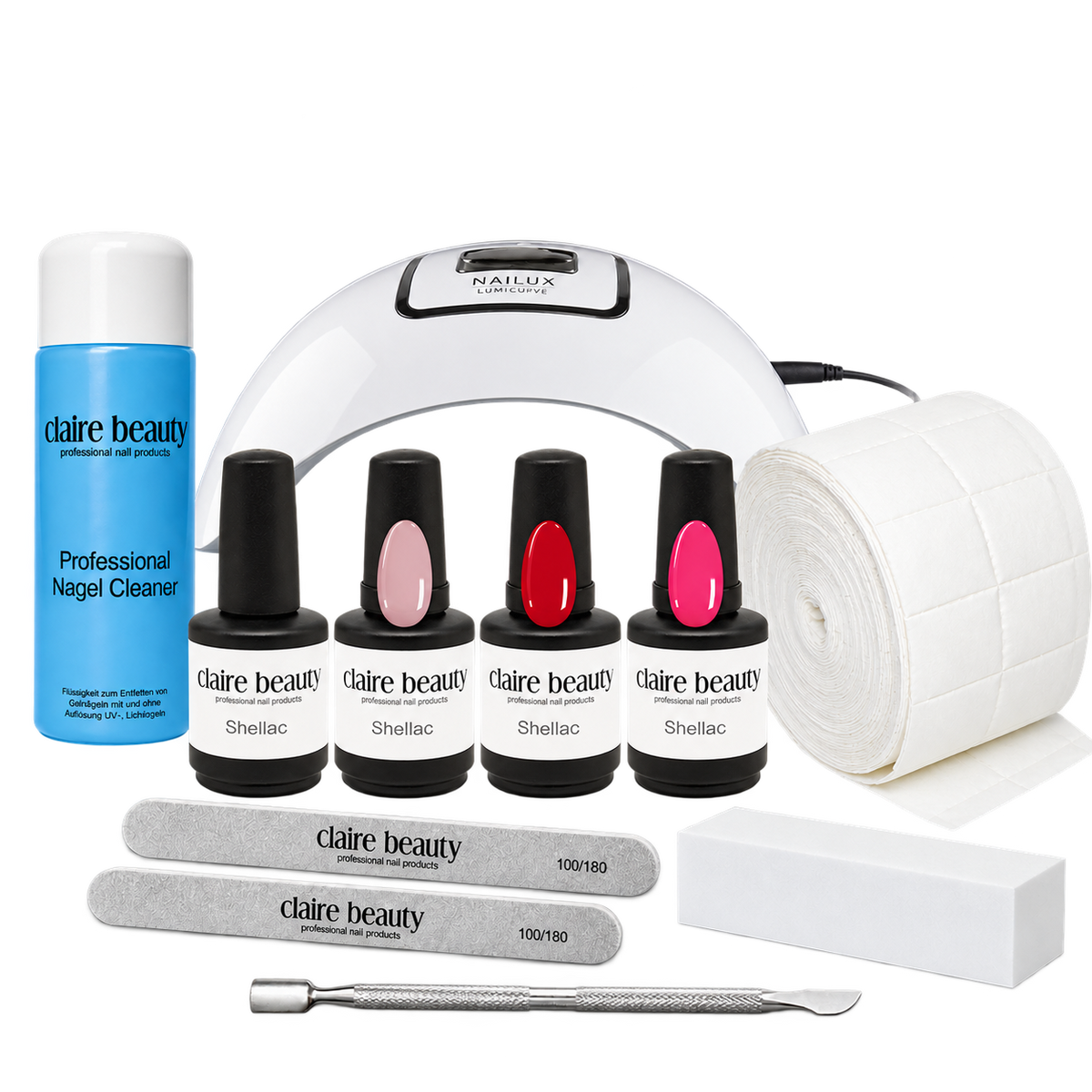 Shellac Starter Set mit LumiCurve LED-Lampe, drei Farben mit Farbmuster am Deckelhals, Base & Top und Manikürezubehör