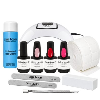 Shellac Starter Set mit LumiCurve LED-Lampe, drei Farben mit Farbmuster am Deckelhals, Base & Top und Manikürezubehör