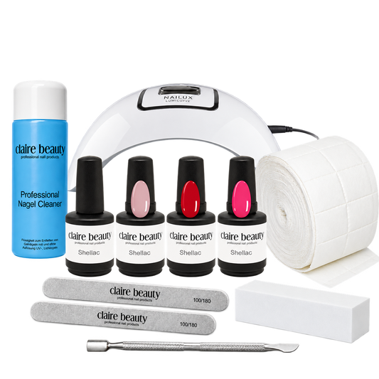 Shellac Starter Set mit LumiCurve LED-Lampe, drei Farben mit Farbmuster am Deckelhals, Base & Top und Manikürezubehör