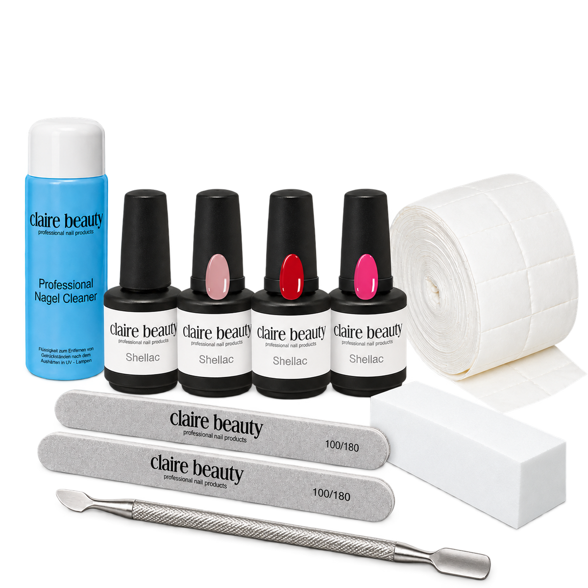 Shellac Starter Set ohne Lampe mit Natural Rose, Red und Pink, Base & Top, Cleaner, Zelletten, zwei Feilen, Buffer und Nagelhautschieber
