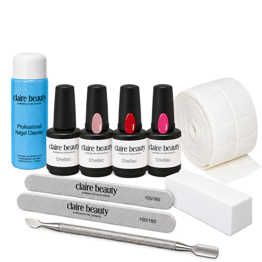 Shellac Starter Set ohne Lampe mit Natural Rose, Red und Pink, Base & Top, Cleaner, Zelletten, zwei Feilen, Buffer und Nagelhautschieber